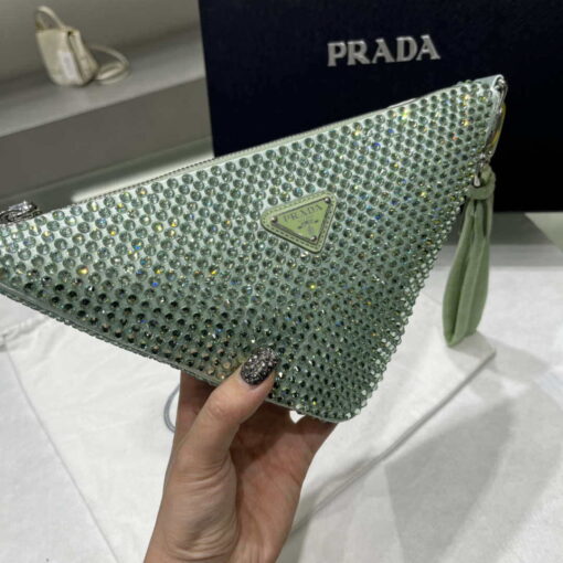 Replica Prada 1NE039 Crystal-studded satin pouch Green 3