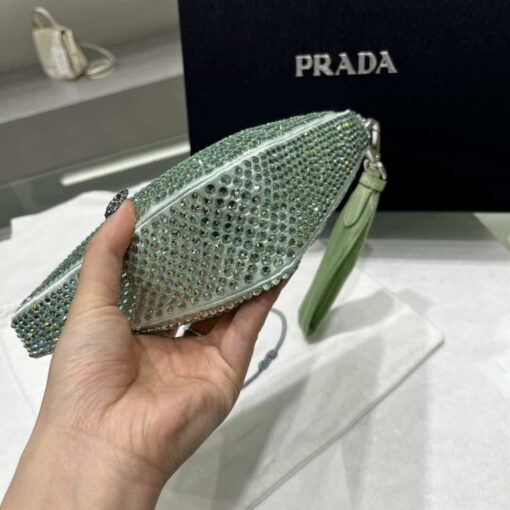 Replica Prada 1NE039 Crystal-studded satin pouch Green 4
