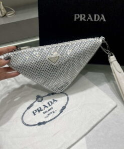 Replica Prada 1NE039 Crystal-studded satin pouch White