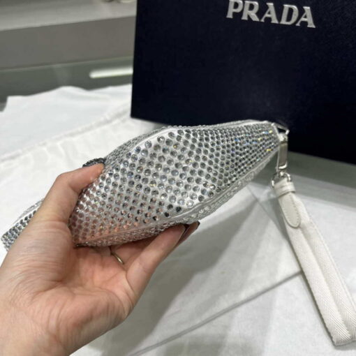 Replica Prada 1NE039 Crystal-studded satin pouch White 4