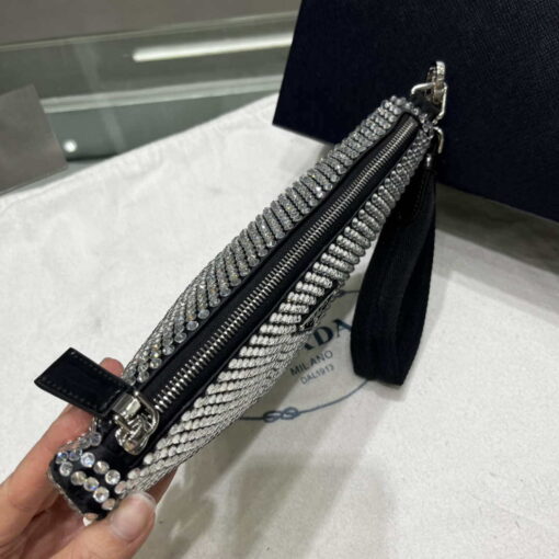 Replica Prada 1NE039 Crystal-studded satin pouch Black 3