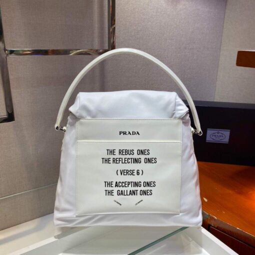 Replica Prada Signaux Nylon and Leather Hobo Bag 1BC160 White 2