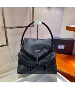Replica Prada Signaux Nylon and Leather Hobo Bag 1BC160 Black