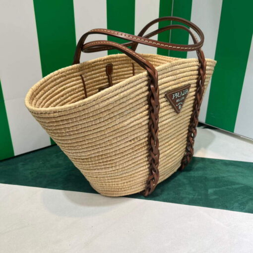 Replica Prada 1BG312 Straw and Leather Tote Apricot 2