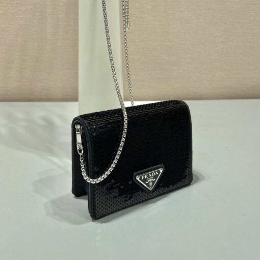 Replica Prada sequins-studded card holder with shoulder strap 1MR024 Black