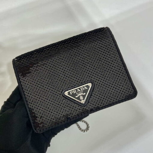 Replica Prada sequins-studded card holder with shoulder strap 1MR024 Black 3