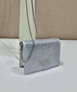 Replica Prada Crystal-studded card holder with shoulder strap 1MR024 White Crystal