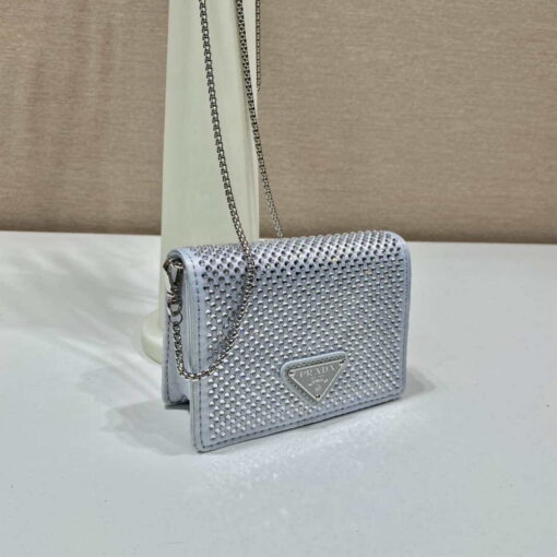 Replica Prada Crystal-studded card holder with shoulder strap 1MR024 White Crystal