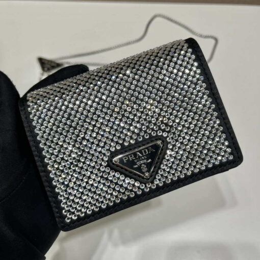 Replica Prada Crystal-studded card holder with shoulder strap 1MR024 Black Crystal 2