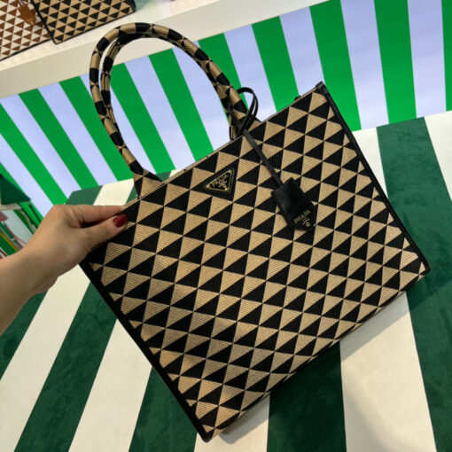 Replica Prada 1BA356 Large Prada Symbole Jacquard Fabric Handbag Apricot Black 6