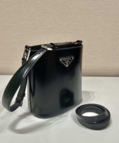 Replica Prada Mini brushed-leather bucket bag 1BE059 Black 2