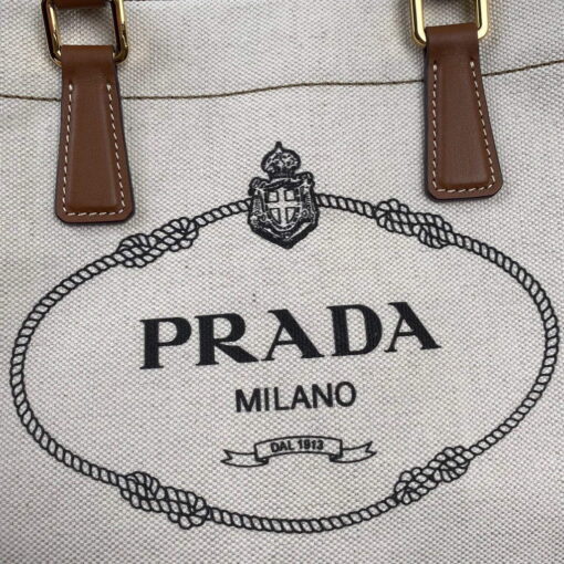 Replica Prada 1BG356 Small linen blend and leather tote Beige 4