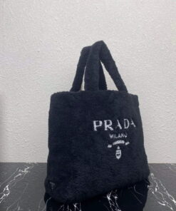Replica Prada 1BG130 Shearling Tote Shoulder bag Black 2