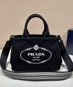 Replica Prada 1BG439 Denim Tote bag Black and white