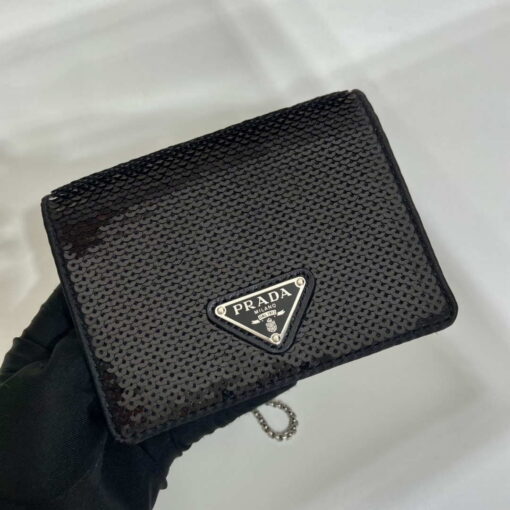 Replica Prada Cardholder with shoulder strap and sequins 1MR024 Black 3