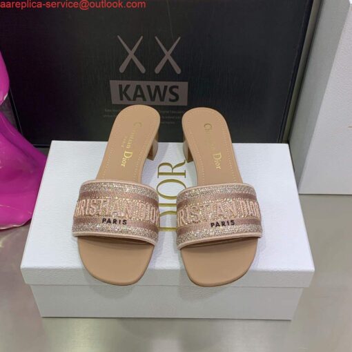 Replica Dior Women’s Shoes Dway Heeled Slide Metallic Thread Strass KCQ244LCS Pink