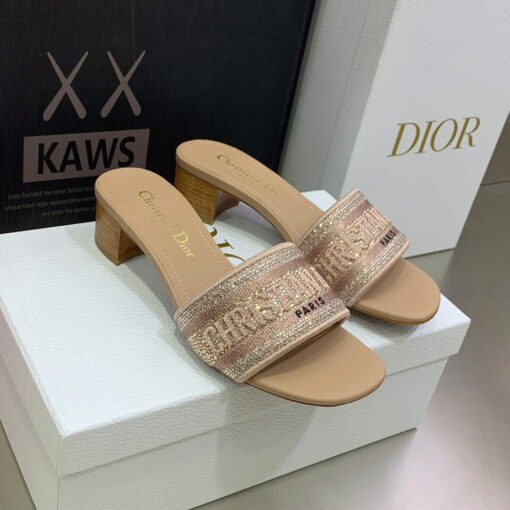 Replica Dior Women’s Shoes Dway Heeled Slide Metallic Thread Strass KCQ244LCS Pink 2