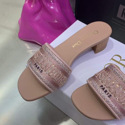 Replica Dior Women’s Shoes Dway Heeled Slide Metallic Thread Strass KCQ244LCS Pink 3