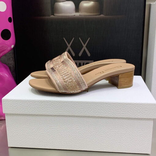 Replica Dior Women’s Shoes Dway Heeled Slide Metallic Thread Strass KCQ244LCS Pink 4