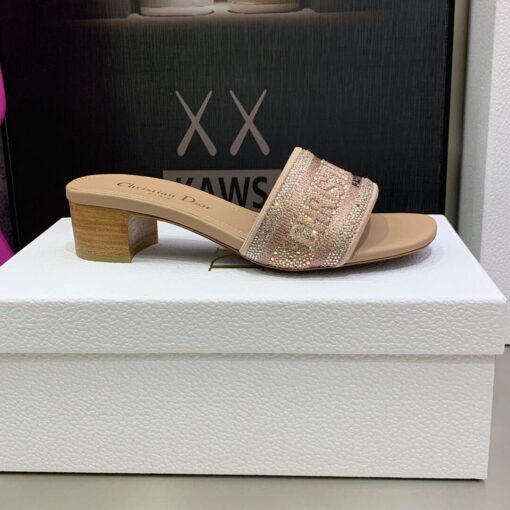 Replica Dior Women’s Shoes Dway Heeled Slide Metallic Thread Strass KCQ244LCS Pink 5