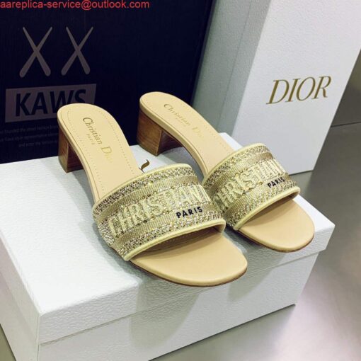 Replica Dior Women’s Shoes Dway Heeled Slide Metallic Thread Strass KCQ244LCS Yellow