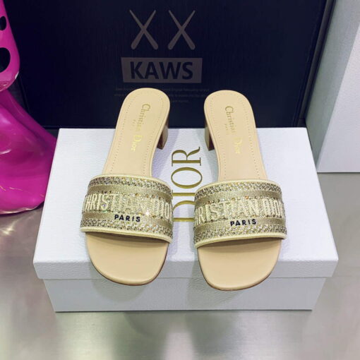 Replica Dior Women’s Shoes Dway Heeled Slide Metallic Thread Strass KCQ244LCS Yellow 2