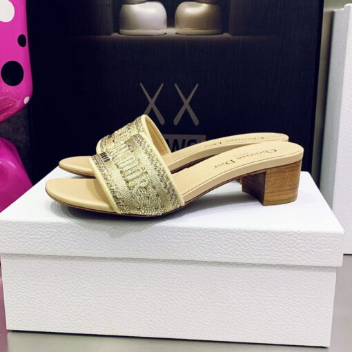Replica Dior Women’s Shoes Dway Heeled Slide Metallic Thread Strass KCQ244LCS Yellow 3