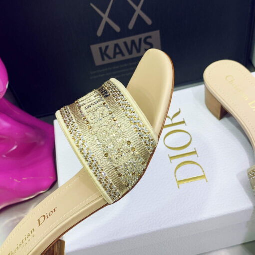 Replica Dior Women’s Shoes Dway Heeled Slide Metallic Thread Strass KCQ244LCS Yellow 6
