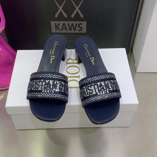 Replica Dior Women’s Shoes Dway Heeled Slide Metallic Thread Strass KCQ244LCS Navy blue 2