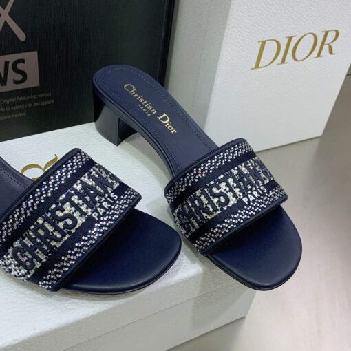 Replica Dior Women’s Shoes Dway Heeled Slide Metallic Thread Strass KCQ244LCS Navy blue 3
