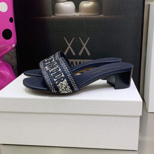 Replica Dior Women’s Shoes Dway Heeled Slide Metallic Thread Strass KCQ244LCS Navy blue 4