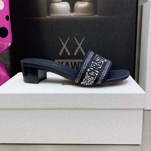 Replica Dior Women’s Shoes Dway Heeled Slide Metallic Thread Strass KCQ244LCS Navy blue 5