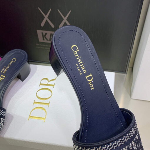 Replica Dior Women’s Shoes Dway Heeled Slide Metallic Thread Strass KCQ244LCS Navy blue 6