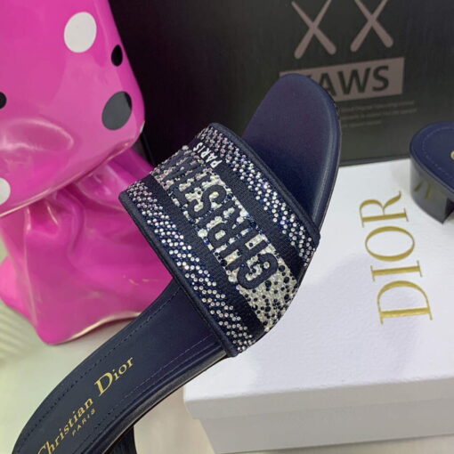 Replica Dior Women’s Shoes Dway Heeled Slide Metallic Thread Strass KCQ244LCS Navy blue 7
