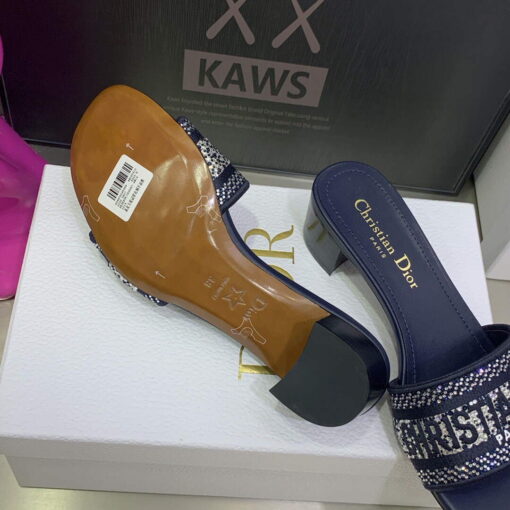 Replica Dior Women’s Shoes Dway Heeled Slide Metallic Thread Strass KCQ244LCS Navy blue 8