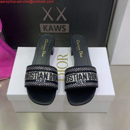Replica Dior Women’s Shoes Dway Heeled Slide Metallic Thread Strass KCQ244LCS Black