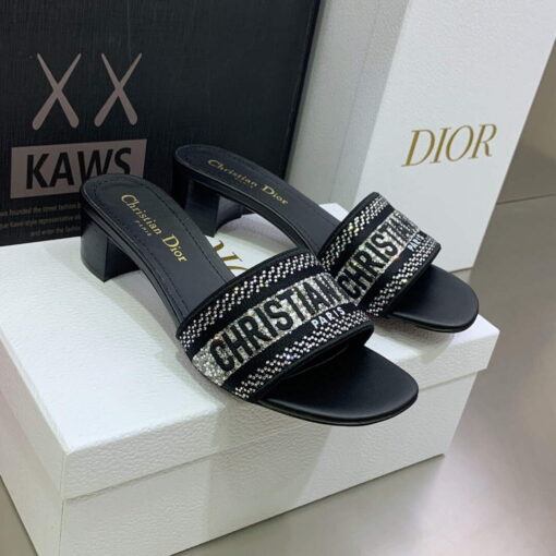 Replica Dior Women’s Shoes Dway Heeled Slide Metallic Thread Strass KCQ244LCS Black 2
