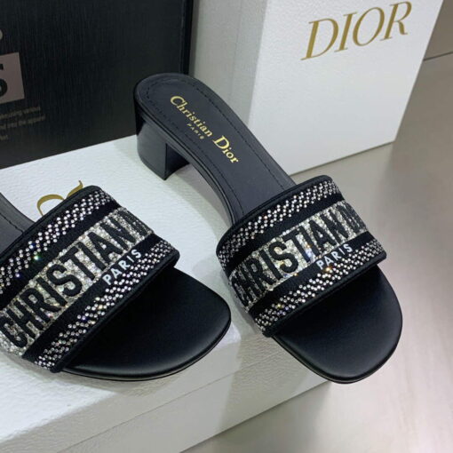 Replica Dior Women’s Shoes Dway Heeled Slide Metallic Thread Strass KCQ244LCS Black 3