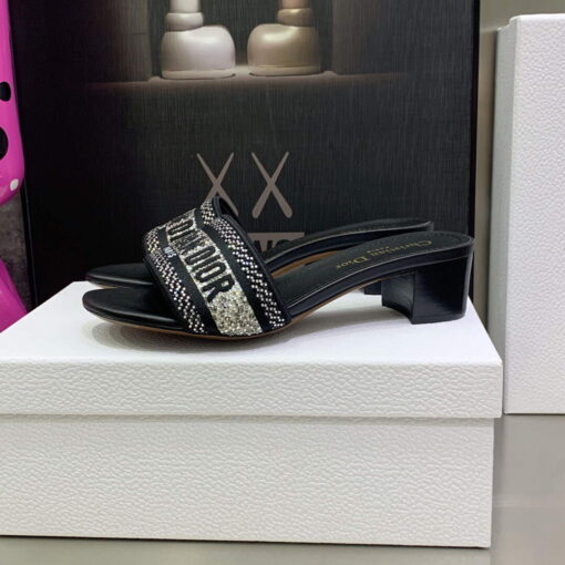 Replica Dior Women’s Shoes Dway Heeled Slide Metallic Thread Strass KCQ244LCS Black 4