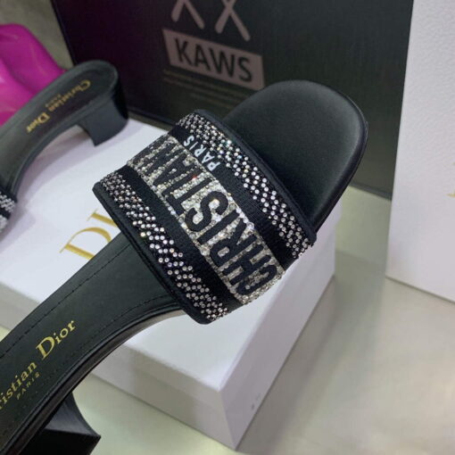 Replica Dior Women’s Shoes Dway Heeled Slide Metallic Thread Strass KCQ244LCS Black 7