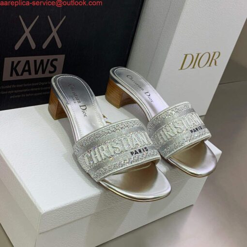 Replica Dior Women’s Shoes Dway Heeled Slide Metallic Thread Strass KCQ244LCS Silver