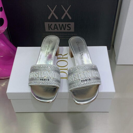 Replica Dior Women’s Shoes Dway Heeled Slide Metallic Thread Strass KCQ244LCS Silver 2