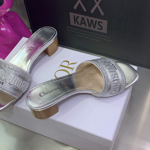 Replica Dior Women’s Shoes Dway Heeled Slide Metallic Thread Strass KCQ244LCS Silver 3