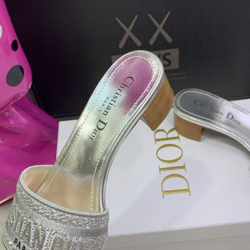 Replica Dior Women’s Shoes Dway Heeled Slide Metallic Thread Strass KCQ244LCS Silver 6
