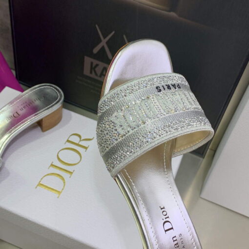 Replica Dior Women’s Shoes Dway Heeled Slide Metallic Thread Strass KCQ244LCS Silver 7