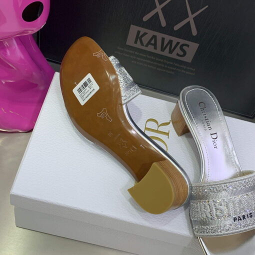 Replica Dior Women’s Shoes Dway Heeled Slide Metallic Thread Strass KCQ244LCS Silver 8