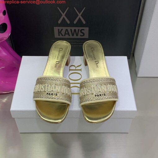 Replica Dior Women’s Shoes Dway Heeled Slide Metallic Thread Strass KCQ244LCS Gold