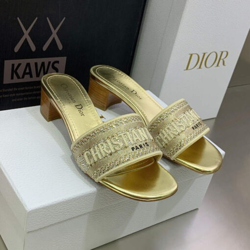 Replica Dior Women’s Shoes Dway Heeled Slide Metallic Thread Strass KCQ244LCS Gold 2