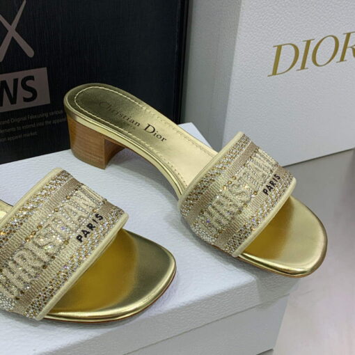 Replica Dior Women’s Shoes Dway Heeled Slide Metallic Thread Strass KCQ244LCS Gold 3