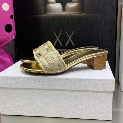 Replica Dior Women’s Shoes Dway Heeled Slide Metallic Thread Strass KCQ244LCS Gold 4